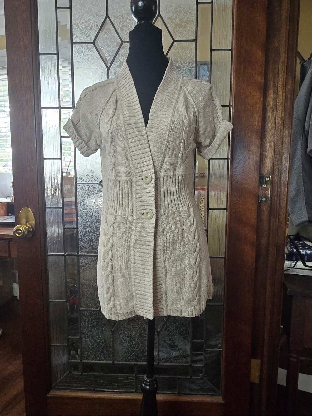 Short-Sleeve Cable Knit Cardigan Sweater - Cream